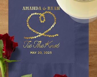 Tie the Knot Personalized Foil Coastal Wedding Napkins, Nautical Wedding Cocktail Napkins, Custom Beach Wedding Coastal Luncheon Napkins