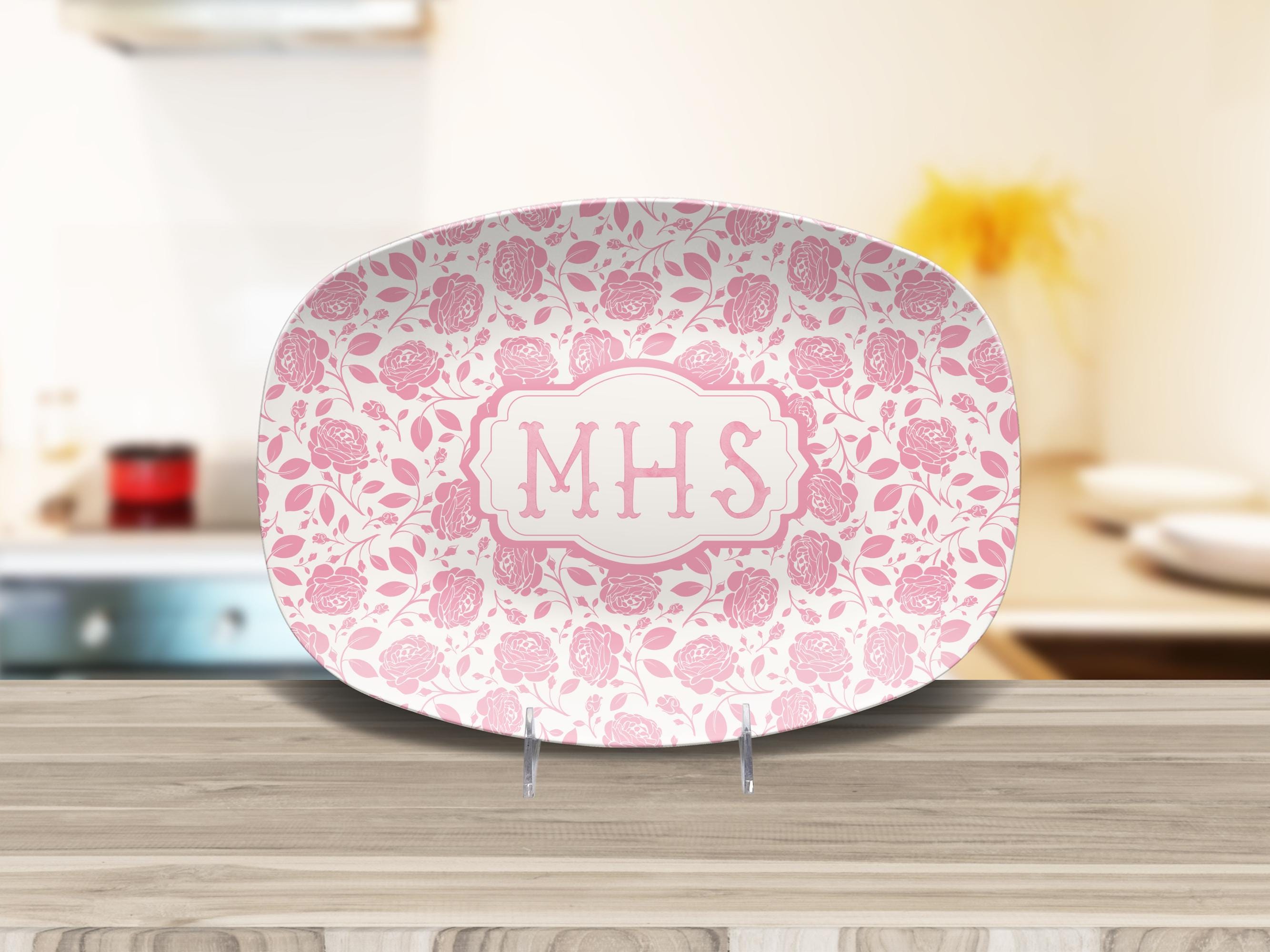 Personalized  Pink Rose Toile Platter, Custom Monogram Chinoiserie Plate, Grandmillennial Style, French Country Toile Plate, Preppy Decor