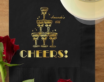Art deco cocktailservetten, gepersonaliseerde champagnetoren Belle Coupe cocktailservetten, folie cocktailservetten verjaardag, chique verjaardagsservetten
