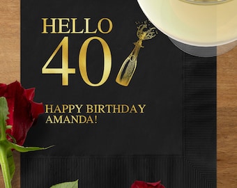 Hello 40 Happy Birthday Beverage Napkins, Cheers to 40 Years Napkins, Milestone Birthday Cocktail Napkins, 40th Birthday Luncheon Napkins