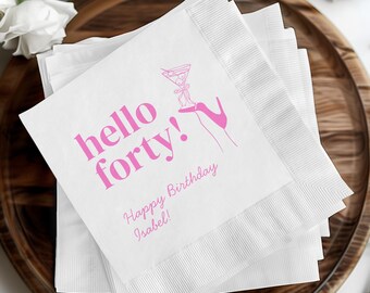 Birthday Personalized Beverage Napkins, Custom Party Decor, Hello Forty Napkins, Birthday Celebration Napkins, Fun Birthday Decor