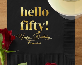 Personalized Birthday Foil Napkins, Hello Fifty Party Supplies, Custom 50th Birthday Decor, Kitchen Accessories, Foil Napkins