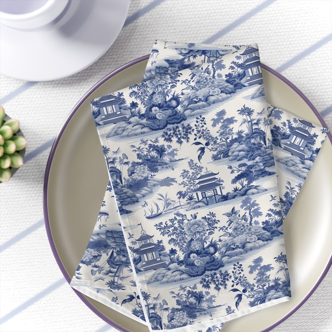 Blue Toile Napkins Set of 4 Birds Chinoiserie Napkins Pagoda Etsy