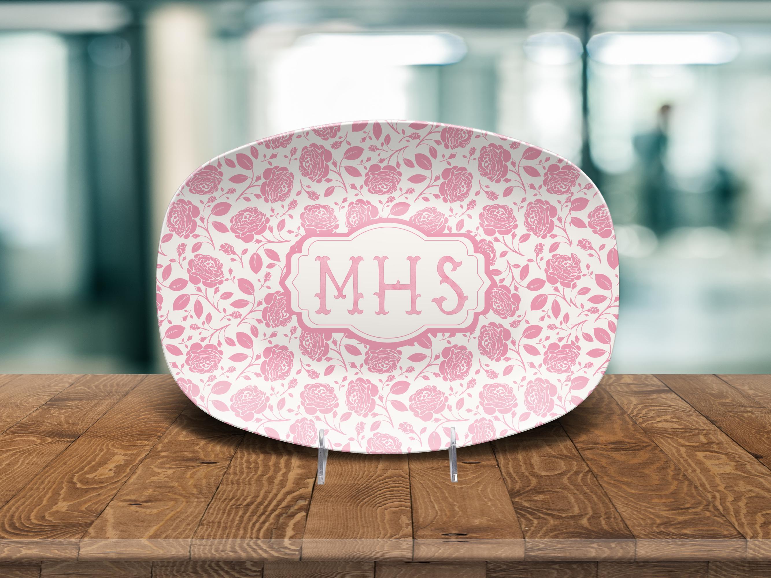 Personalized  Pink Rose Toile Platter, Custom Monogram Chinoiserie Plate, Grandmillennial Style, French Country Toile Plate, Preppy Decor