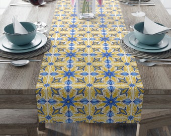 Camino de mesa con azulejos amarillos y azules, camino de mesa provenzal, camino de mesa provincial francés de cerámica azul, decoración del hogar estilo condado francés (algodón, poliéster)