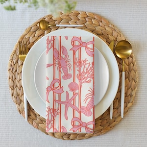 Coastal Granddaughter Napkin Set Coastal Cowgirl Aesthetic Preppy Seashell Ocean Napkins, Preppy Beachy Pink Lobster Cloth Napkins Set of 4