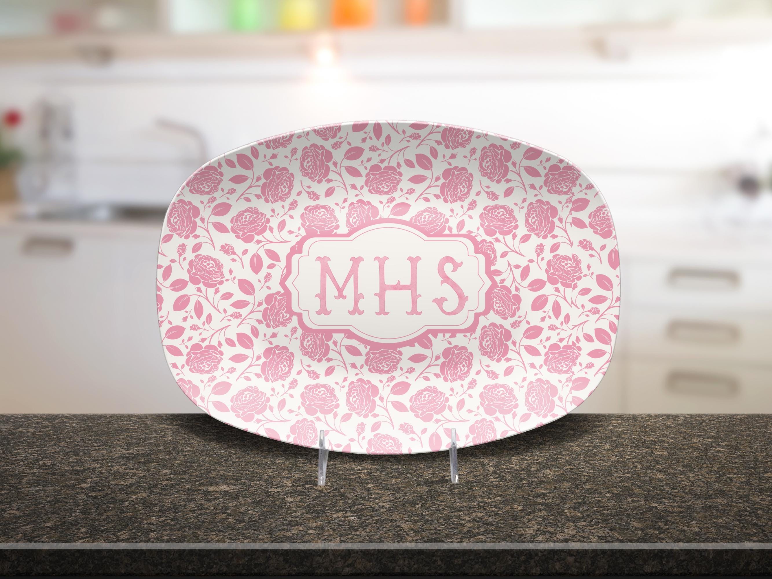 Personalized  Pink Rose Toile Platter, Custom Monogram Chinoiserie Plate, Grandmillennial Style, French Country Toile Plate, Preppy Decor