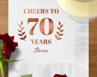 Personalized Cheers to 70 Years Foil Cocktail Napkins, Cheers 70th Birthday Napkins, Custom Birthday Napkins, Custom 70th AnniversaryReunion