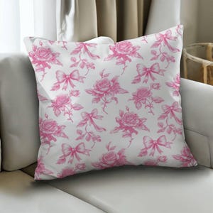 Pink Coquette Toile Throw Pillow, French Country Bow Chinoiserie Pillow, Pink Floral Toile de Jouy Cushion, Grandmillennial Preppy Pillow