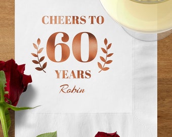 Servilletas de cóctel personalizadas "Cheers to 60 Years", servilletas de cumpleaños personalizadas, servilletas de cumpleaños personalizadas, reunión personalizada del 60.º aniversario