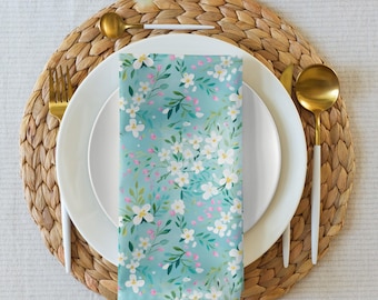 Boho Daisy Dinner Napkins, Set of 4 Cloth Napkins, Blue Floral Table Linens, Spring Wedding Decor, Housewarming Gift, Wedding Table Decor