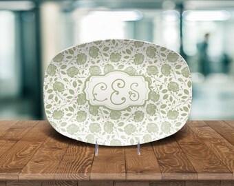 Personalized Sage Green Toile Platter, Custom Monogram Chinoiserie Plate, Grandmillennial Style, Celedon Rose Toile Plate, Preppy Decor