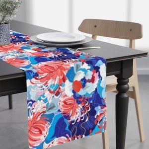 4th of July Table Runner Floral Red, White Blue Patriot Runner 4th of July Picnic Table, Kitchen and Dining Tabletop Decor 16&quot;x 90&quot; in.