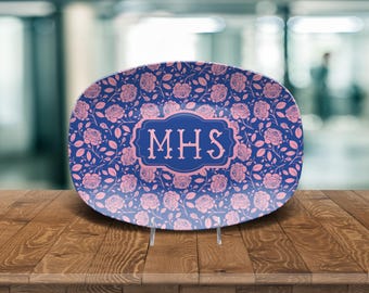 Personalized Navy Pink Toile Platter, Custom Monogram Chinoiserie Plate, Grandmillennial Style, French Country Toile Plate, Preppy Platter