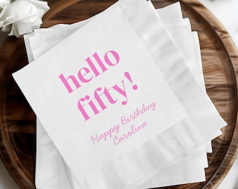 Birthday Custom Party Decor, Personalized Beverage Napkins, Hello Fifty Napkins, Fun 50th Birthday Party Supplies, Pink Party Decor