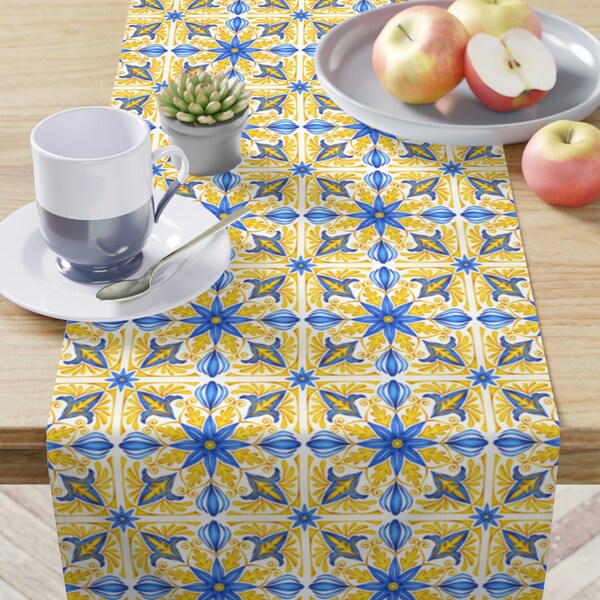 Yellow & Blue Tile Table Runner, French Provençal Table Runner, Blue Ceramic Provincial Runner, French County Home Decor 90 x16 in.