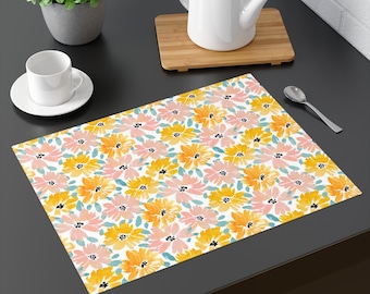 Placemats gele madeliefje, placemats van 100% katoen met bloemen, gele en roze aquarelplacemat, zomerdiner 18 x 14 inch Set van 2,4, 6,8