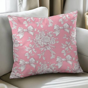 Pink Coquette Toile Throw Pillow, French Country Bow Chinoiserie Pillow, Pink Floral Toile de Jouy Cushion, Grandmillennial Preppy Pillow