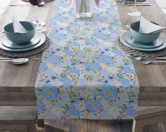 青い花柄のテーブルランナー、素朴なテーブルランナー、テーブル