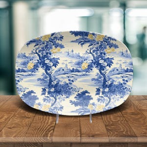 Blauwgele toile-schaal, chinoiseriebord Blue Willow, Grandmillennial preppy-stijl, Franse landelijke toile-bord, elegant huisaccent