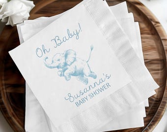Baby Shower Custom Party Decor, Personalized Beverage Napkins, Elephant Theme, Oh Baby Napkins, Custom Baby Shower Decor