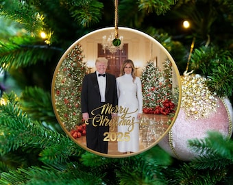 Adorno conmemorativo del presidente Trump y la primera dama Melania Trump 2025, adorno navideño de Trump, marco decorativo dorado