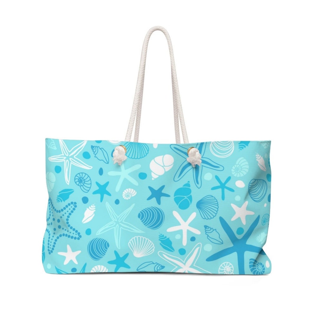 Weekender Bag With Rope Handles in Aqua Starfish & Seashells Coastal Print Beach Bag, Weekender ...