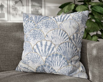 Seashell Throw Pillow Cover Vintage Seashell Pillowcase, Blue Mollusk Coastal Cushion Cover, Coastal Decor, Beach House Accent Pillow Case