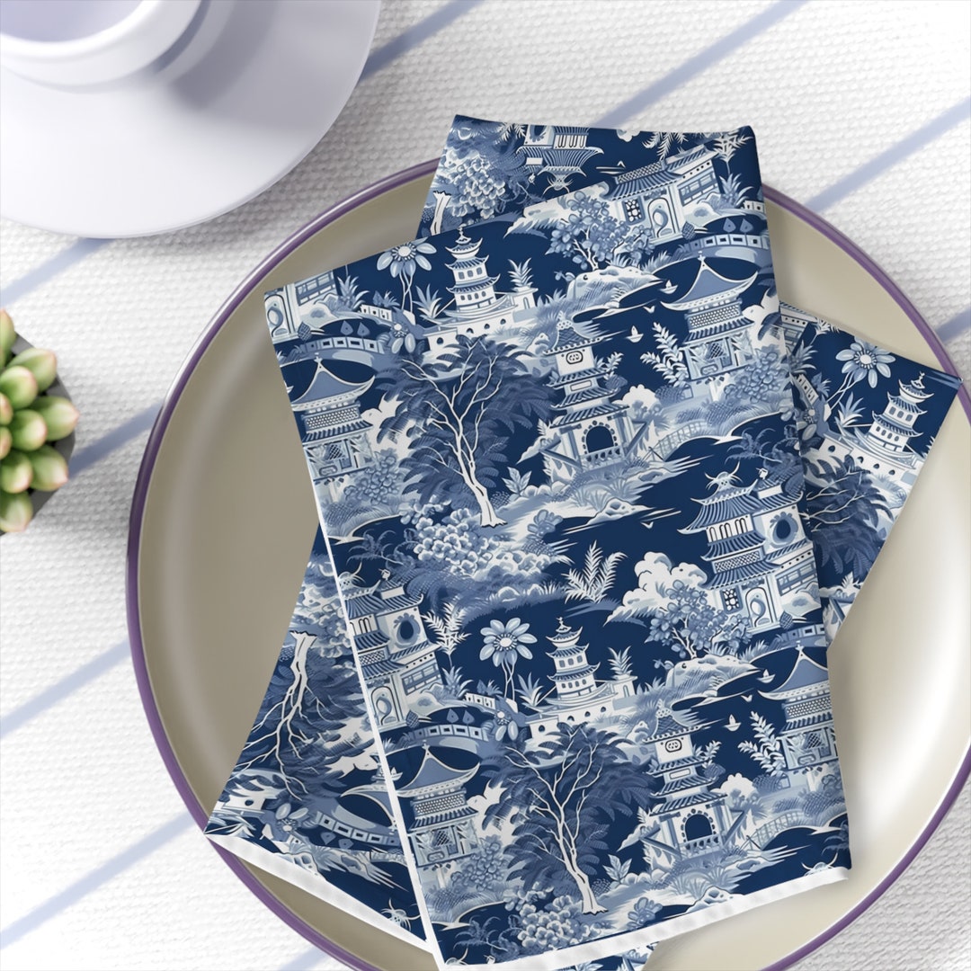 Navy Blue Toile Napkins Set of 4 Chinoiserie Napkins Pagoda Toile De