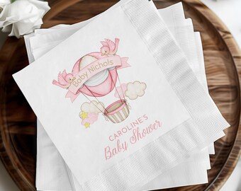 Baby Shower Personalized Beverage Napkins, Custom Party Decor, Hot Air Balloon Theme Napkins, Baby Shower Favors, Pink Baby Shower Decor
