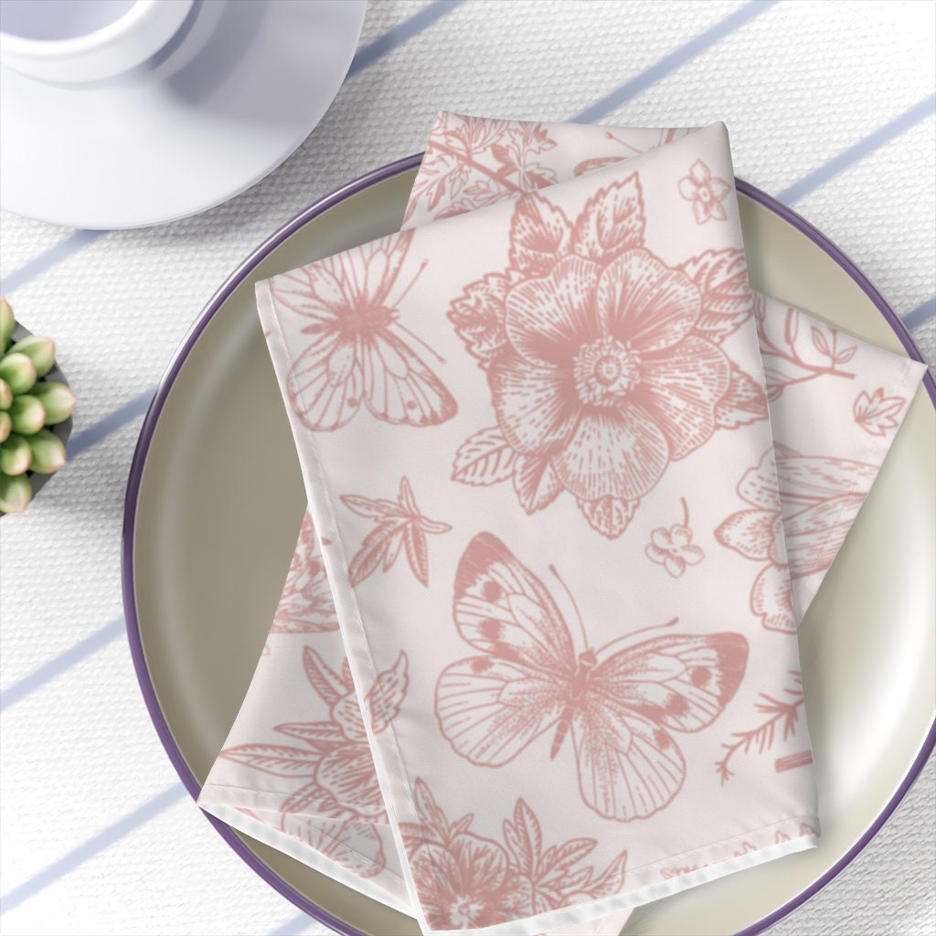 Cloth Napkins Set of 4 Antique Pink Floral and Butterfly Dinner Napkins for Entertaining Housewarming Tabletop Decor 19 x 19