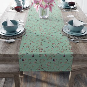 Butterfly & Dragonfly GreenTable Runner,  Floral Table Runner, Spring Table Runner, Green Wedding Runner, Bridal Decor (Cotton/Poly)
