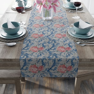 Blue Toile & Rose Table Runner, Toile Table Runner, Spring Table Runner, Housewarming Gift, Wedding Decor , Bridal Shower (Cotton,Poly)