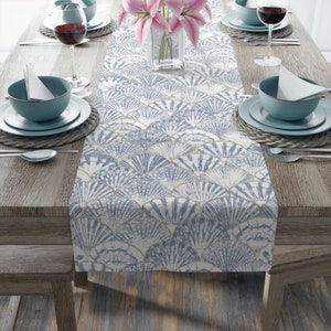 Blue Table Runner, Vintage Seashell Table Runner, Coastal Table Runner, Beach House, Beach Wedding, Coastal Wedding (Cotton, Poly)
