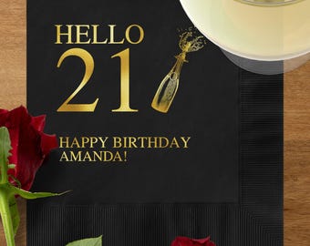 Hello 21 Napkins, 21st Birthday Napkins, Cheers to 21 Years, Happy Birthday Party Napkins, Milestone Birthday Cocktail Napkins, Birthday