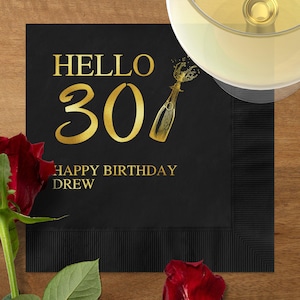 Hello 30 Cocktail Napkins, Happy Birthday Drew Napkins, Milestone Birthday Party Napkins, Birthday Luncheon Napkins