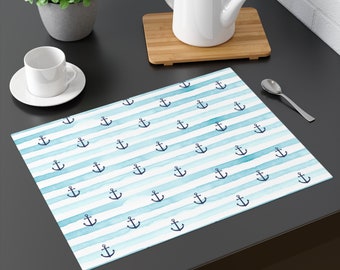 Anchor Placemat Sets, Striped Nautical Pattern 100% Cotton Placemat Watercolor Anchor, Yacht, Beach House Decor 18"x 14" in. Set of 2,4, 6,8