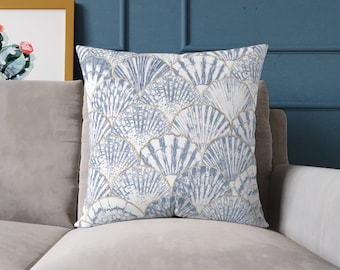 Seashell Throw Pillow Vintage Seashell Throw Pillow, Blue Mollusk Coastal Cushion, Coastal Decor, Beach House Accent Pillows Nautical Decor
