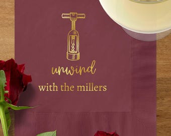 Personalized Wine Foil Cocktail Napkins, Custom Wine Lover Gift, Unwind Napkins, Wine Corkscrew Design Napkins, Fun Wine Party Decor
