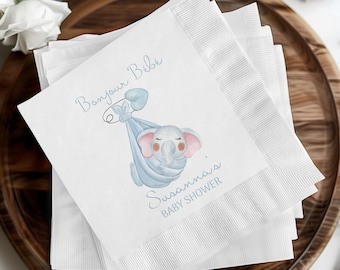 Baby Shower Personalized Beverage Napkins, Custom Party Decor, Bonjour Bebe Baby Shower Napkins, Blue Elephant Theme, Gender Neutral