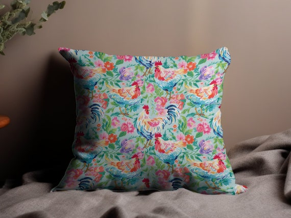 雄鶏のプレッピー水彩画クッション、ファームハウスシックなアクセント