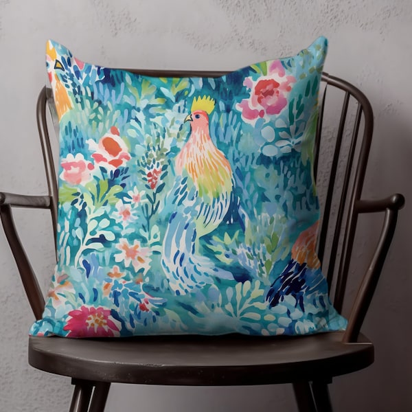 Rooster Preppy Watercolor Throw Pillow, Floral Farmhouse Cushion, Colorful Bird Decorative Pillow, Shabby Chic Accent, Home Decor