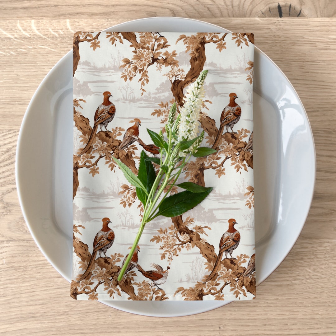 Thanksgiving Napkins, Brown Pheasant & Quail Toile Napkins, Set of 4