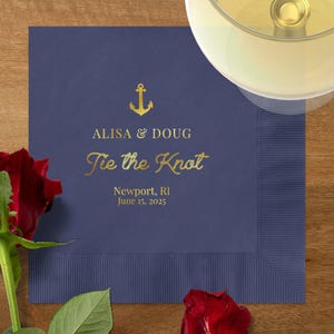 Personalized Foil Coastal Wedding Napkins, Nautical Wedding Cocktail Napkins, Custom Tie the Knot Napkins, Beach Wedding Luncheon Napkins