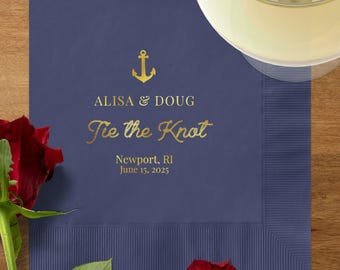 Personalized Foil Coastal Wedding Napkins, Nautical Wedding Cocktail Napkins, Custom Tie the Knot Napkins, Beach Wedding Luncheon Napkins