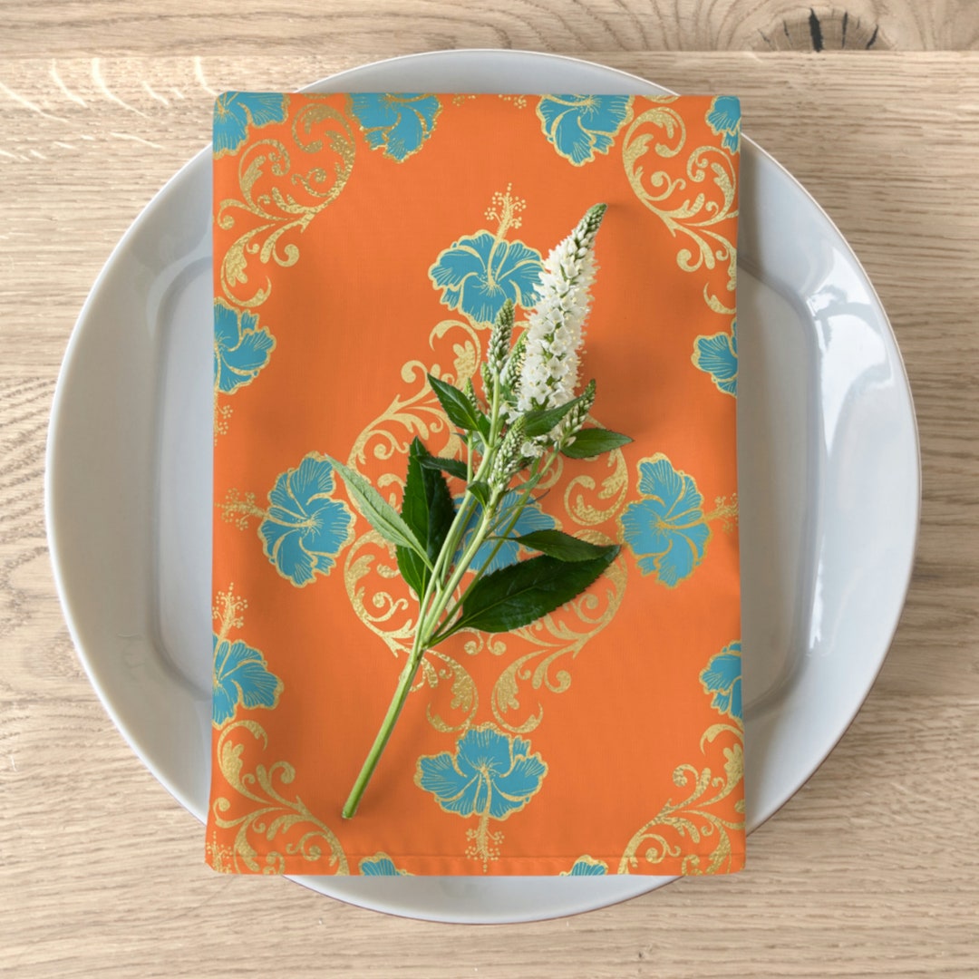 Orange Cloth Napkins, Turquoise Hibiscus & Gold Damask Dinner Napkins