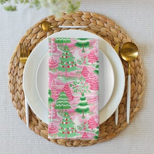 Preppy Christmas Napkins, Set of 4 Pink & Green Christmas Napkins, Preppy Christmas Tree Dinner Napkins, Holiday Napkin Christmas Decor