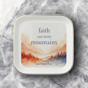 Schmuckschale „Glaube kann Berge versetzen“, christliches Geschenk, Matthäus 17,20, Keramik-Erinnerungsschale mit Goldrand und inspirierendem Bibelvers