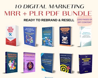 Może przedstawiać: Kolekcja 10 ebooków o marketingu cyfrowym z tytułami takimi jak "Skrzynka narzędziowa marketingu cyfrowego", "Przyszłość marketingu cyfrowego w 2024 roku", "Opanowanie reklam w mediach społecznościowych", "Zwiększenie produktywności witryny internetowej dla sukcesu biznesu online", "Etyczna sztuczna inteligencja i ochrona danych", "Wyróżnij się na nasyconym rynku cyfrowym", "Naprawienie zmęczenia reklamami: zwiększenie zaangażowania i maksymalizacja wydajności reklam", "Szybkie i możliwe do zastosowania strategie zwiększenia produktywności witryn internetowych", "Upadek tradycyjnych gigantów reklamowych" i "Ostateczny przewodnik po generowaniu ruchu i zarabianiu pieniędzy w 2024 roku". E-booki mają wszystkie podobny projekt z kolorowymi okładkami i białym tekstem.