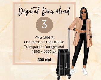 Black Woman Travel ClipArt|PNG|Digital Stickers|Black Woman Clipart|Fashion Illustration|Travel Blogger|for Personal and Commercial Use|